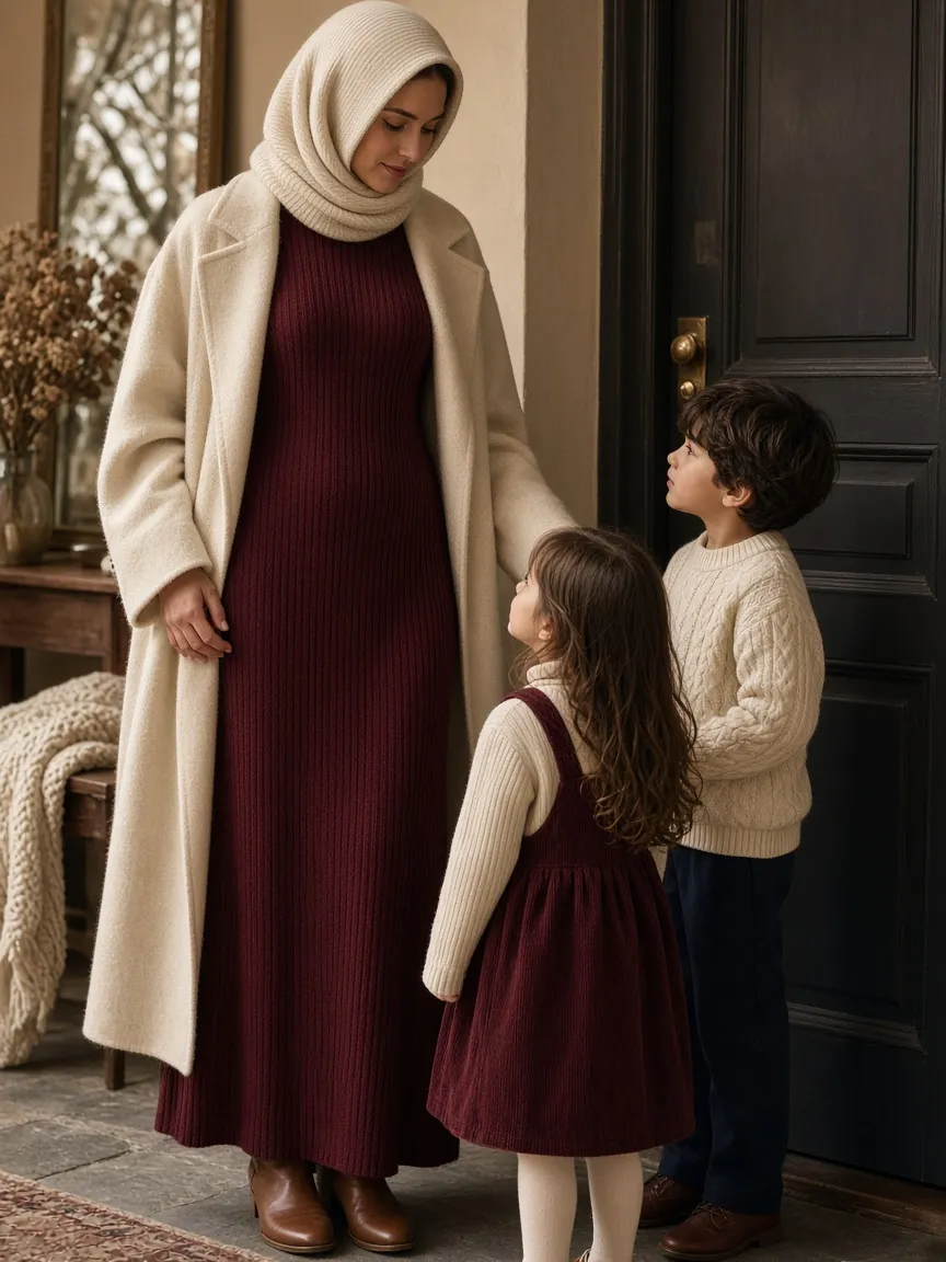 Mother with her son and daughter at the front door, the mother in a burgundy rib-knit maxi dress, cream wool coat and cream knit snood, the girl in a burgundy corduroy pinafore and the boy in a cream cable sweater