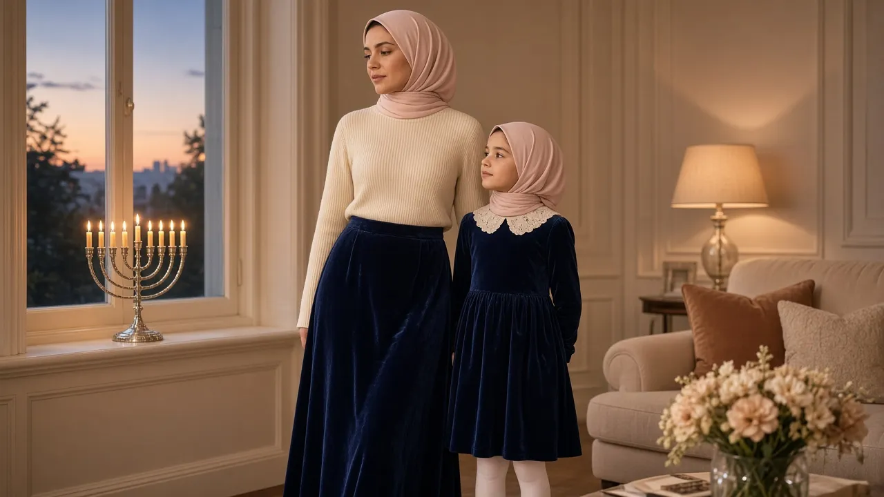 Mother and young daughter by a window with a lit menorah, the mother in a navy velvet maxi skirt, cream high-neck sweater and blush headscarf, the girl in a navy velvet dress with a cream lace collar