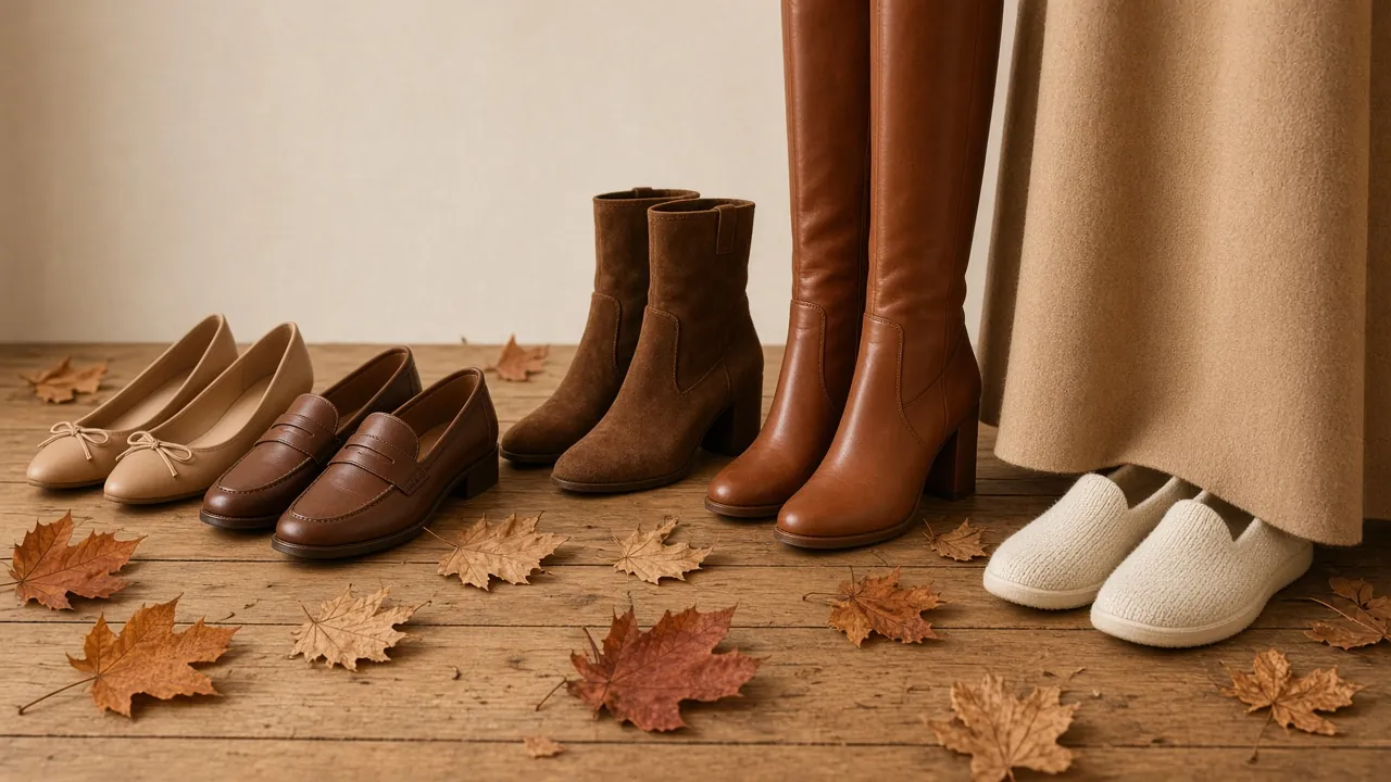 Fall shoes lined up beside a long camel skirt: ballet flats, loafers, suede boots, tall boots and knit flats