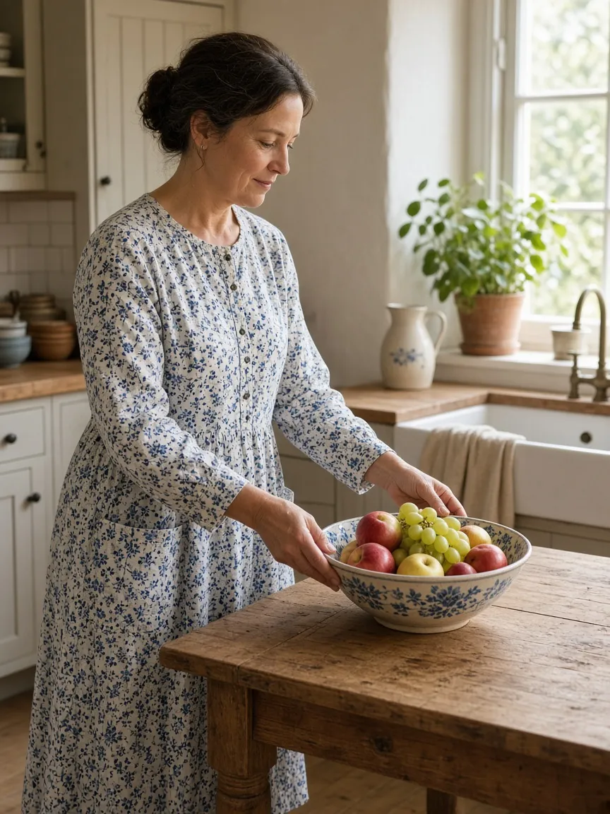 Woman in a sunny kitchen in a long-sleeve blue floral snap-front house dress with pockets, setting a bowl of fruit on a wooden table