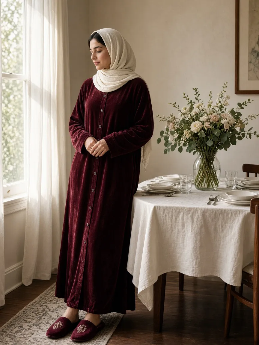 Woman by a set Shabbos table in an ankle-length burgundy velvet button-front robe, cream headscarf and velvet slippers