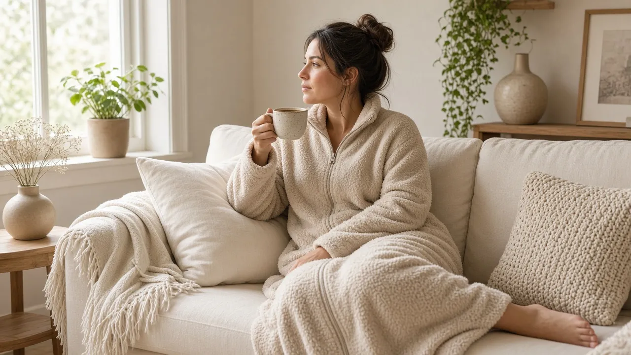 Woman relaxing on a cream sofa on a slow morning in an ankle-length oatmeal zip-front fleece robe, holding a mug of coffee