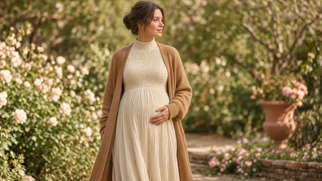 Expecting woman in a cream smocked high-neck maxi dress and long camel cardigan in a rose garden