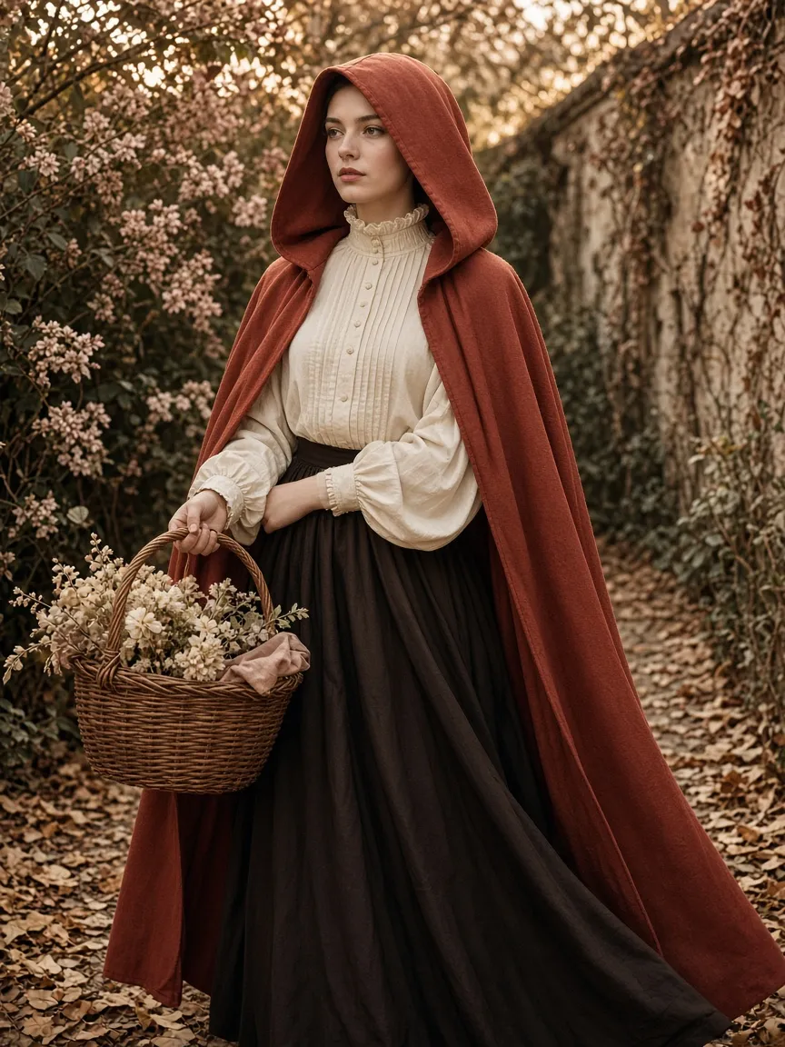 Woman in a Little Red Riding Hood costume with a long dark skirt, cream high-neck blouse and terracotta hooded cape, carrying a basket