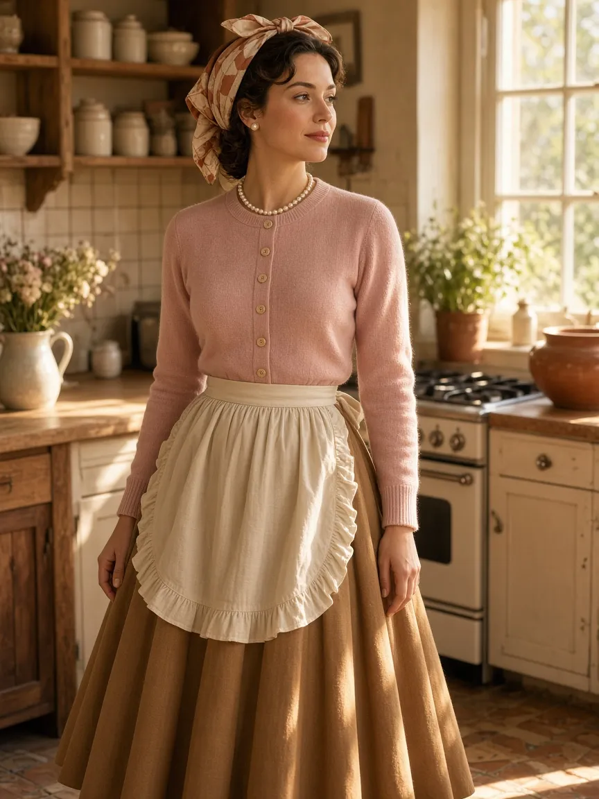 Woman in a vintage 1950s-inspired costume with a long camel skirt, blush cardigan, pearls, a cream apron and a scarf tied in her hair