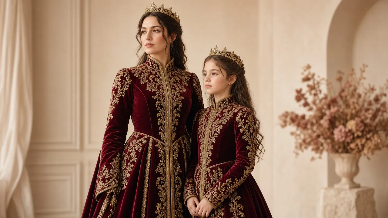 Mother and daughter dressed as queens for Purim in long burgundy and gold velvet gowns with long sleeves, high necklines and small crowns