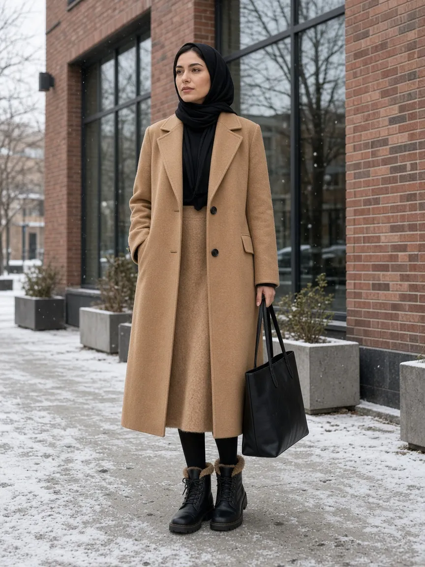 Woman in a dark headscarf, long camel wool coat, black turtleneck, camel wool midi skirt, black tights and lined lace-up winter boots holding a black tote outside a brick office in light snow