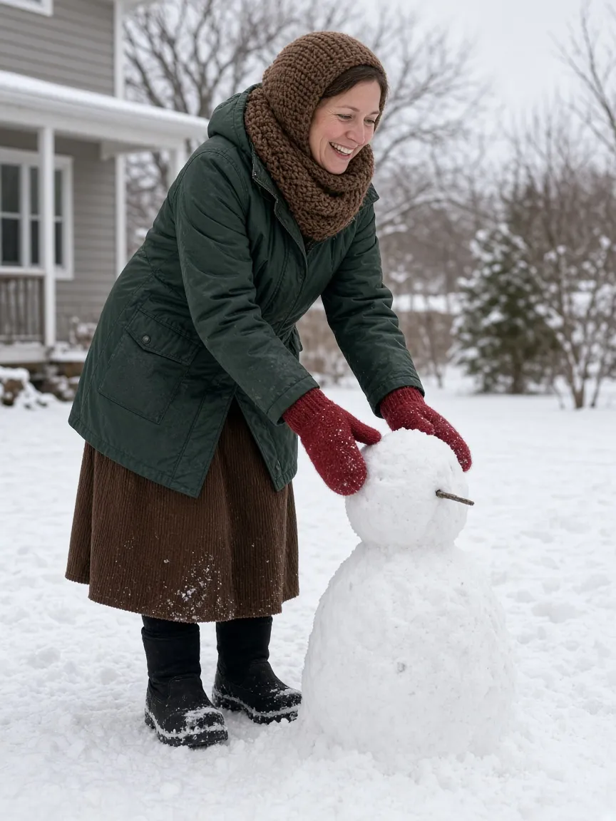 Smiling woman in a knit snood, forest-green parka, brown corduroy skirt, black tights, snow boots and red mittens building a small snowman in a snowy backyard
