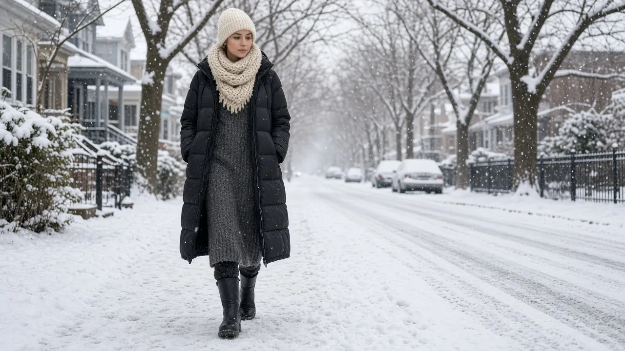 Woman walking down a snowy tree-lined street in a long black puffer coat, charcoal knit maxi skirt, black tights, black waterproof knee-high boots, an oatmeal chunky scarf and a cream knit beanie