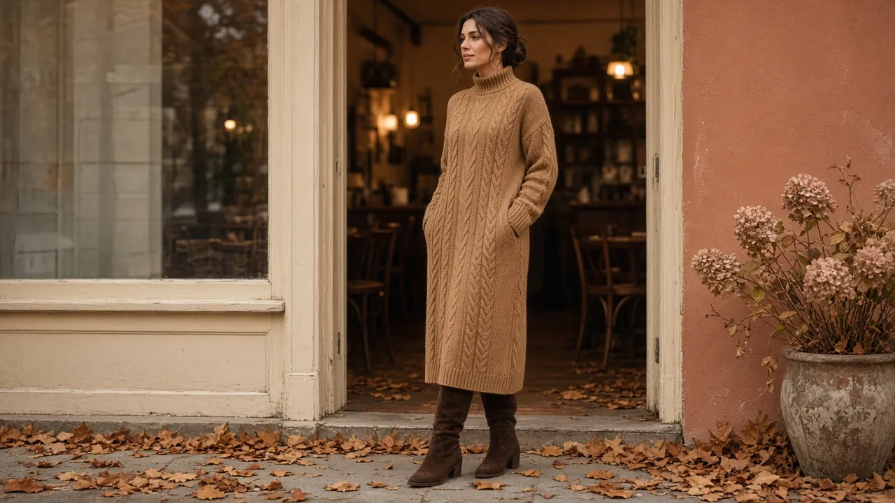 Woman in a mid-calf camel cable-knit turtleneck sweater dress and brown suede boots at an autumn cafe door