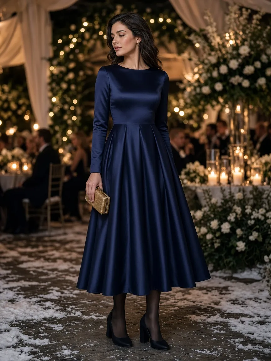 Woman in a navy satin long-sleeve pleated A-line midi dress with sheer black tights, black block heels and a gold clutch at a candlelit winter reception