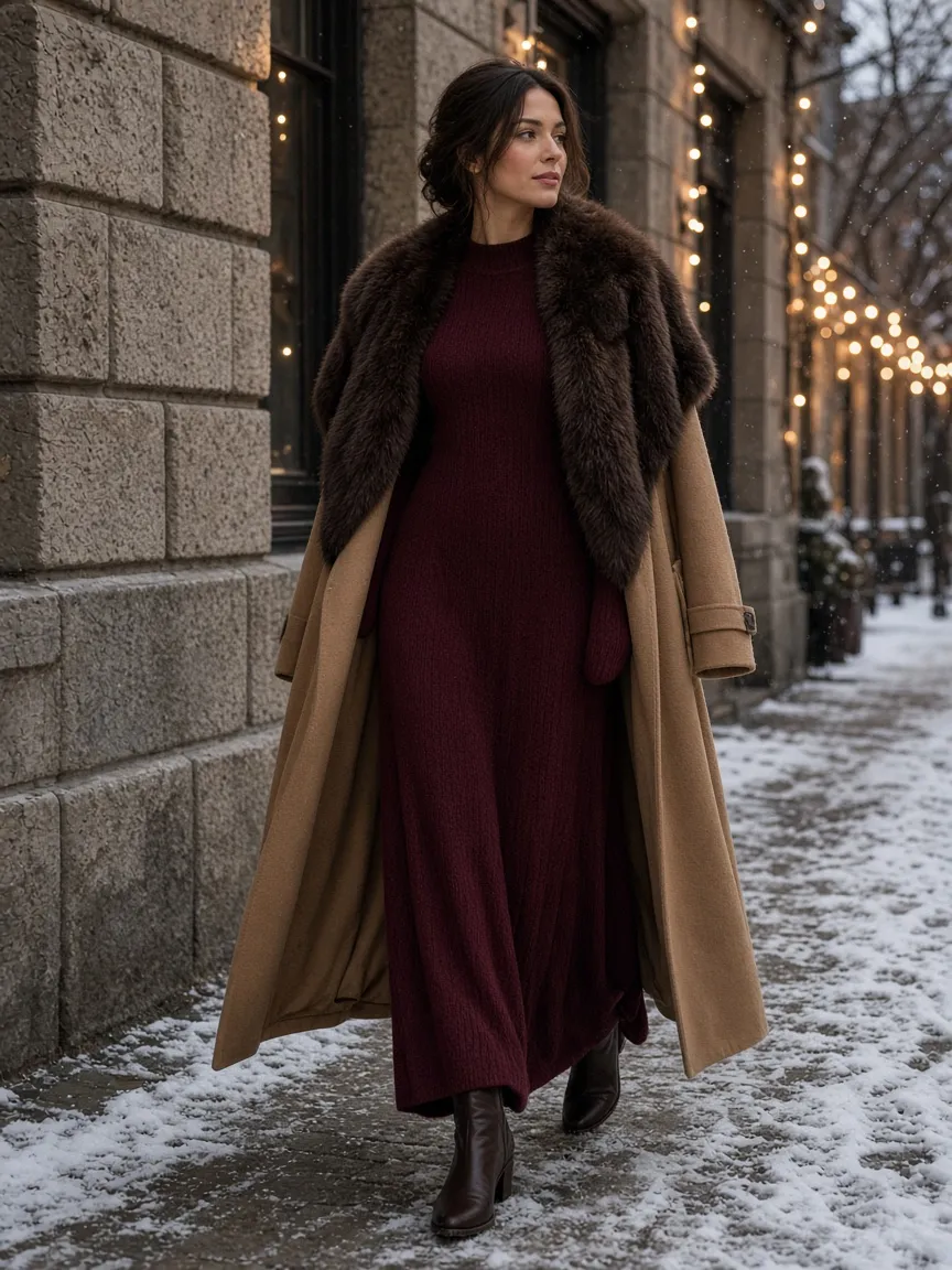 Woman in a burgundy knit long-sleeve maxi dress with a brown faux-fur stole, camel long coat and leather ankle boots on a snowy evening street with string lights