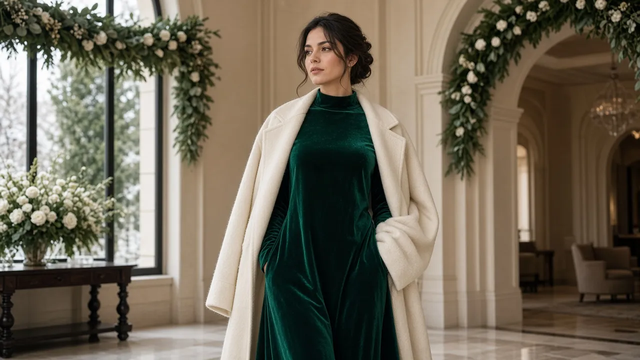 Woman in an emerald velvet long-sleeve maxi dress with a cream wool coat over her shoulders in a wedding hall lobby decorated with evergreen garlands