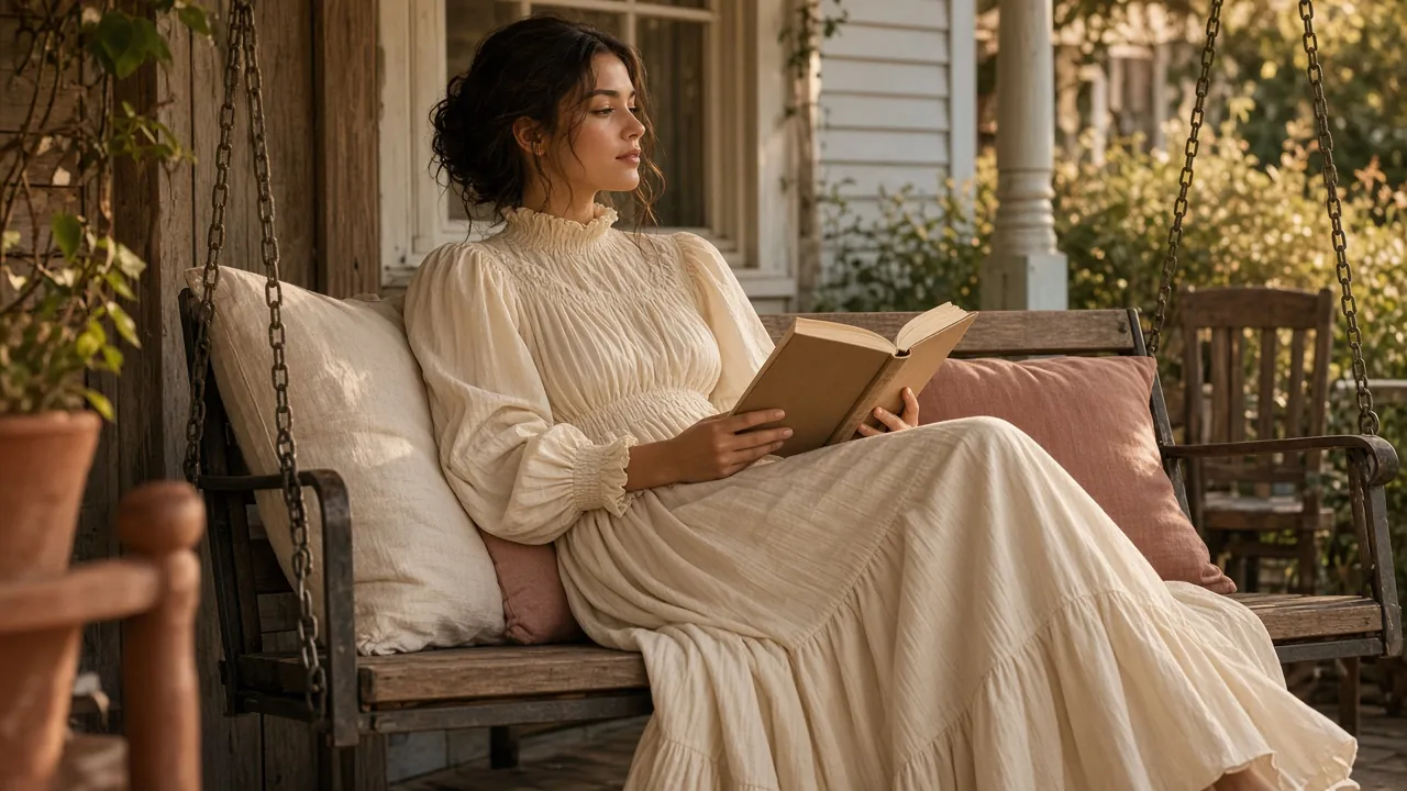 Woman in a cream smocked nap dress with long puff sleeves and a ruffled high neck reading on a porch swing