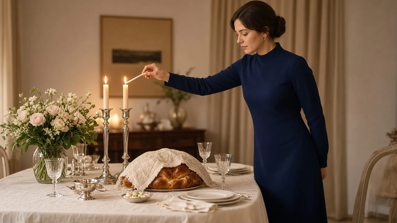 Woman in a navy long-sleeve high-neck dress lighting Shabbos candles at a set table with challah