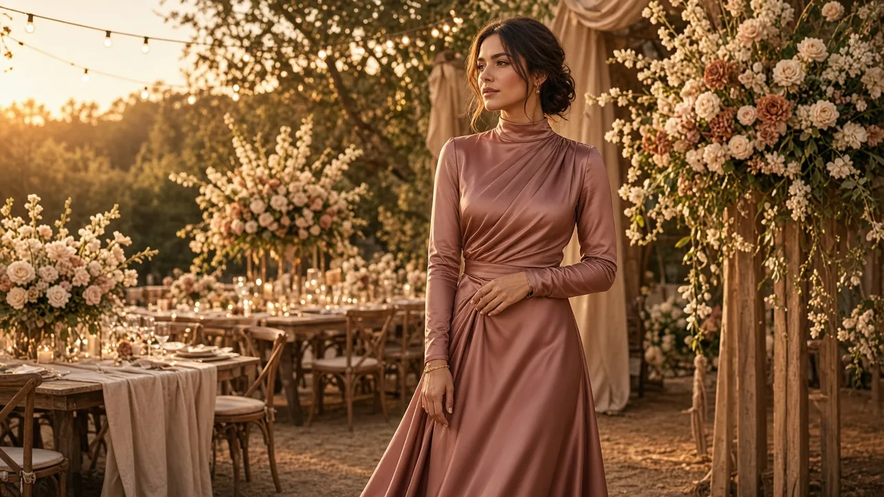 Wedding guest in a long-sleeve high-neck dusty rose satin gown at a golden-hour outdoor reception