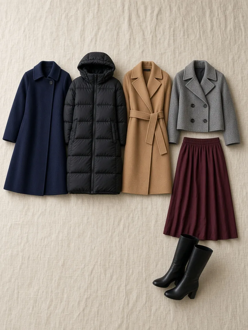 Flat lay of a navy swing coat, black long puffer, camel belted wrap coat and grey cropped peacoat beside a burgundy midi skirt and black knee boots