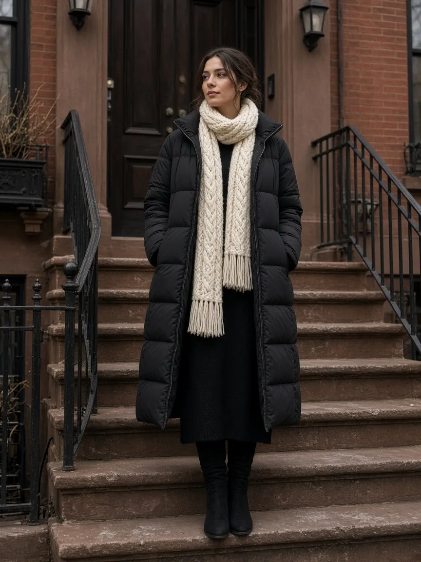 Woman on brownstone steps in a mid-calf black puffer coat, ivory cable-knit scarf, long black knit skirt and black knee boots