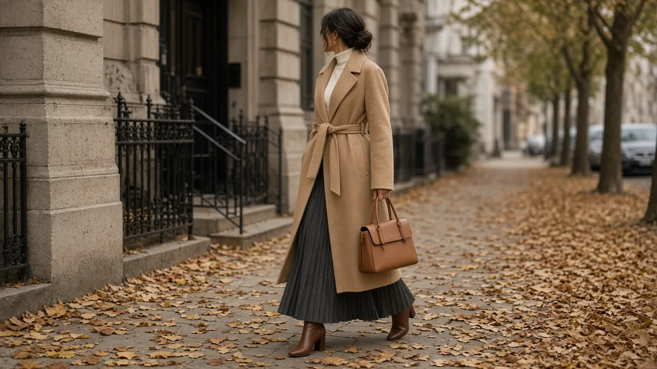 Woman in a long belted camel wool coat over a cream turtleneck and charcoal pleated maxi skirt with brown ankle boots on an autumn sidewalk