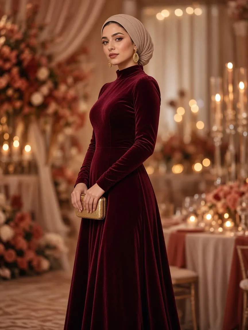 Woman at an evening celebration in a long burgundy velvet dress with long sleeves and a high neckline, gold earrings and a small gold clutch
