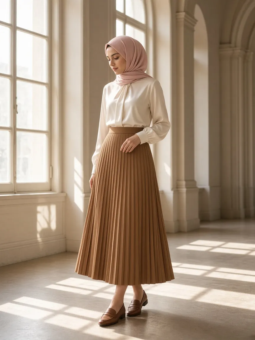 Woman in a sunlit hall in a camel pleated midi skirt, ivory silky long-sleeve blouse and brown loafers