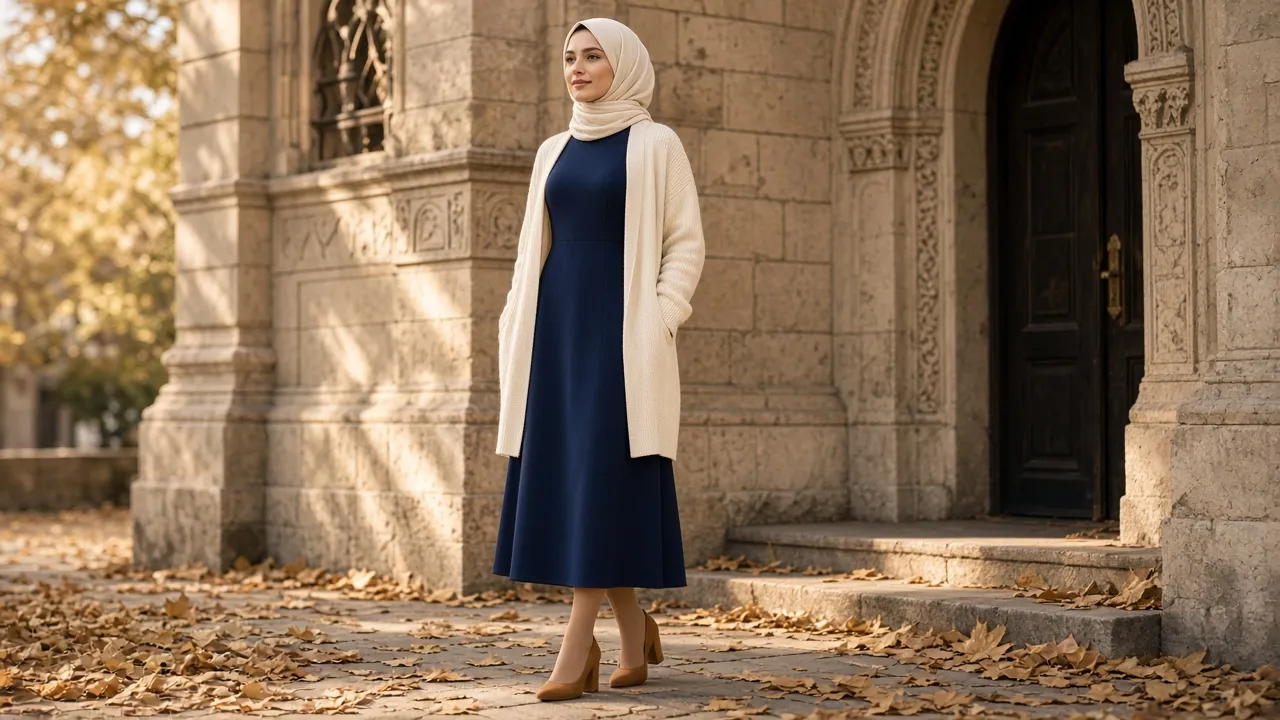 Woman outside a synagogue on an autumn morning in a navy long-sleeve midi dress, cream knit cardigan, nude tights and camel block-heel pumps