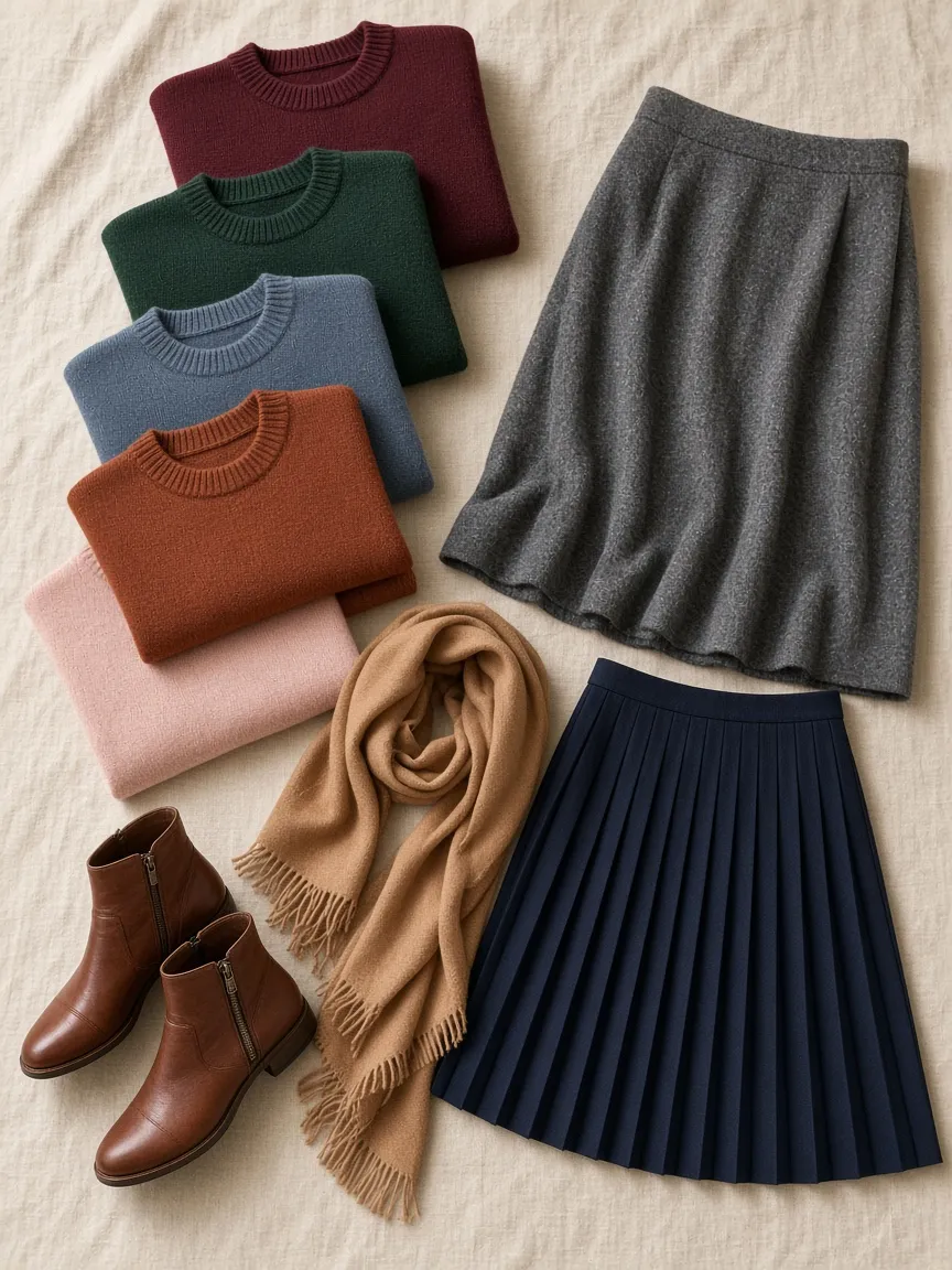 Flat lay of burgundy, forest green, dusty blue, rust and blush sweaters beside a grey wool skirt, navy pleated skirt, camel scarf and brown ankle boots