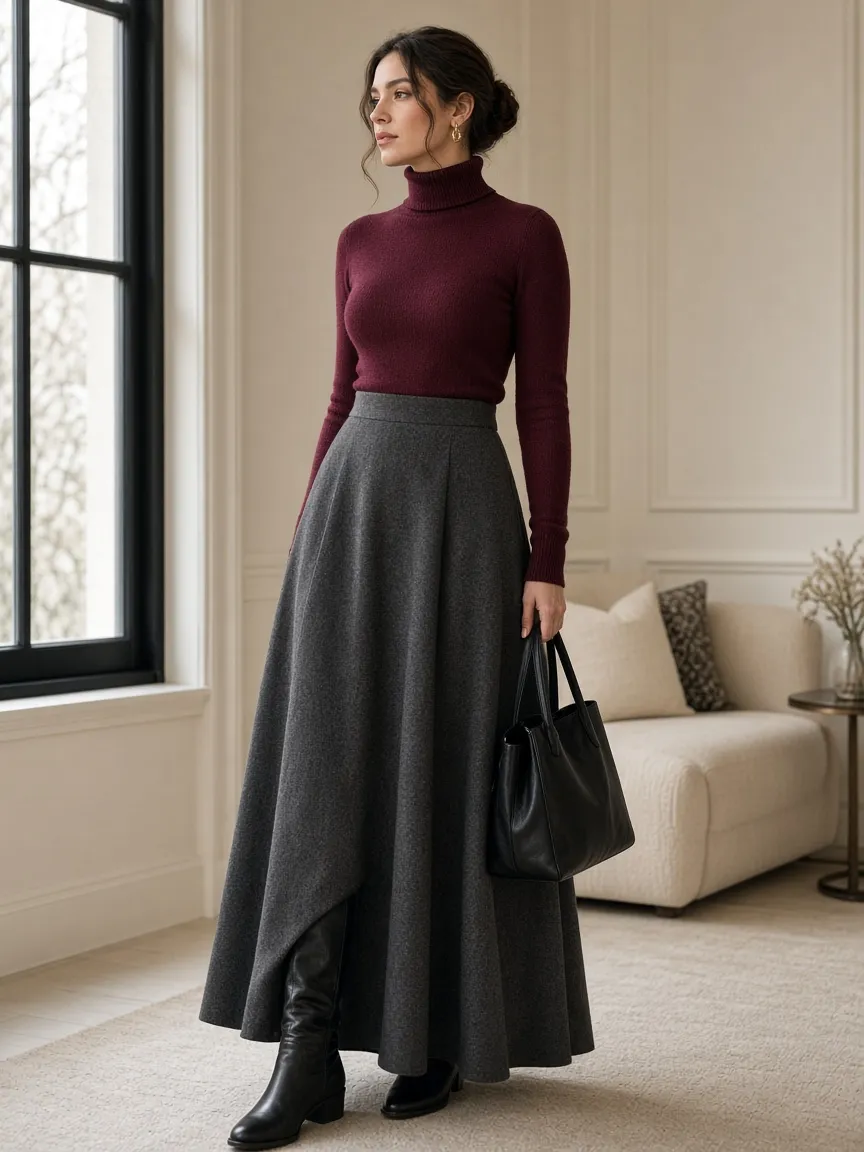 Woman in a burgundy turtleneck sweater and charcoal wool maxi skirt with black knee boots and a black leather bag in a cream living room