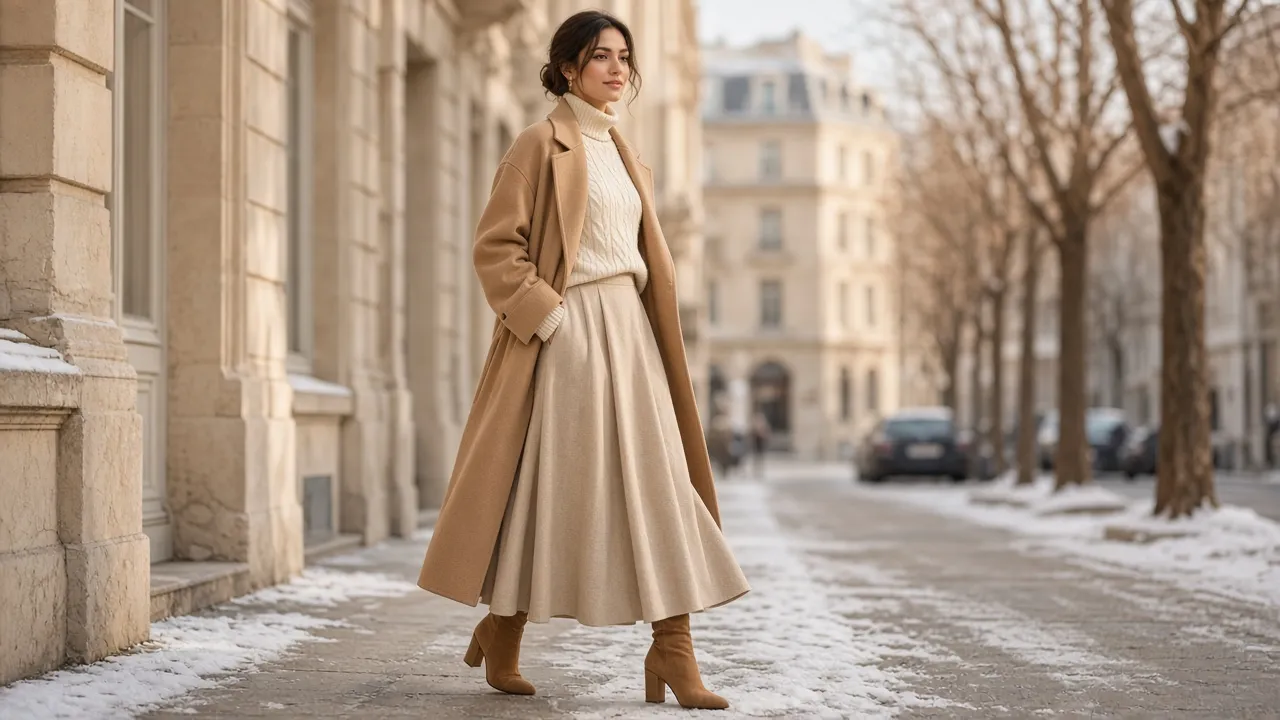 Woman in a tone-on-tone cream cable-knit turtleneck, oatmeal pleated midi skirt, open camel wool coat and tan suede ankle boots on a snowy city street