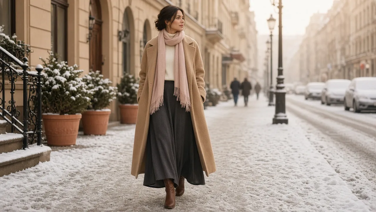 Long camel coat, cream turtleneck, blush scarf, charcoal wool maxi skirt and brown boots on a snowy street