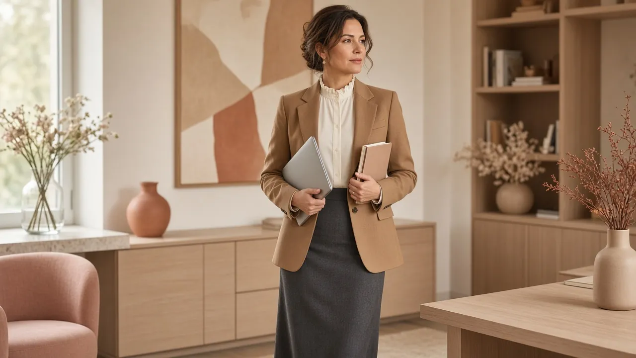 Professional in a camel blazer, cream ruffle-collar blouse and charcoal midi pencil skirt in a warm office